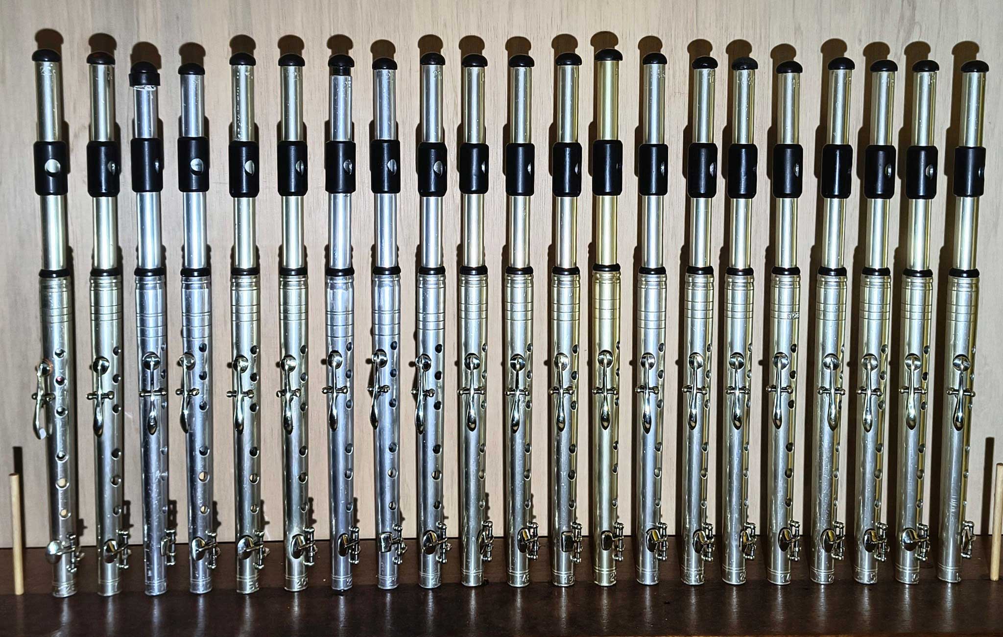 Metal Marching Flutes set in row