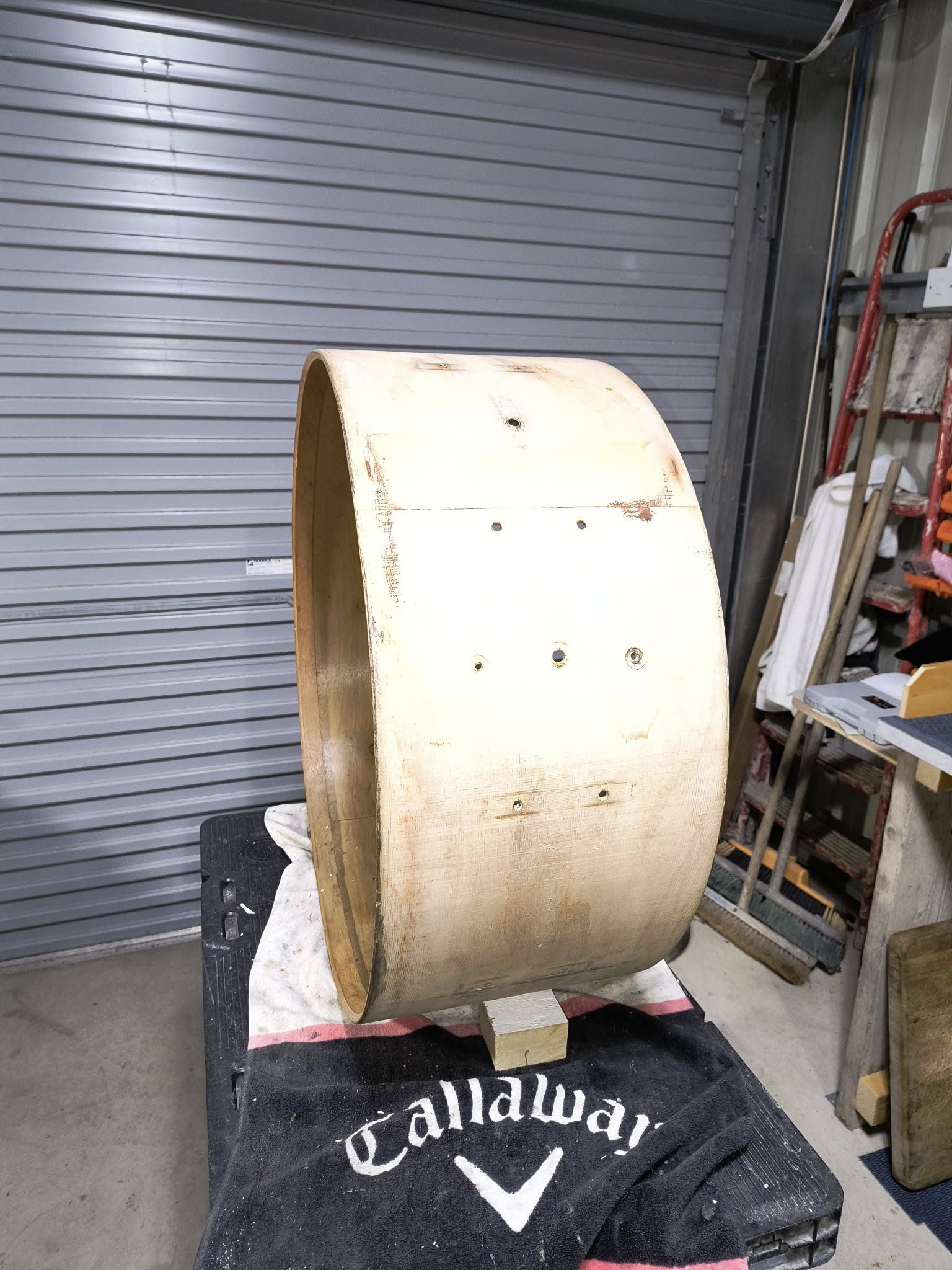 bass drum after paint removed and sanded