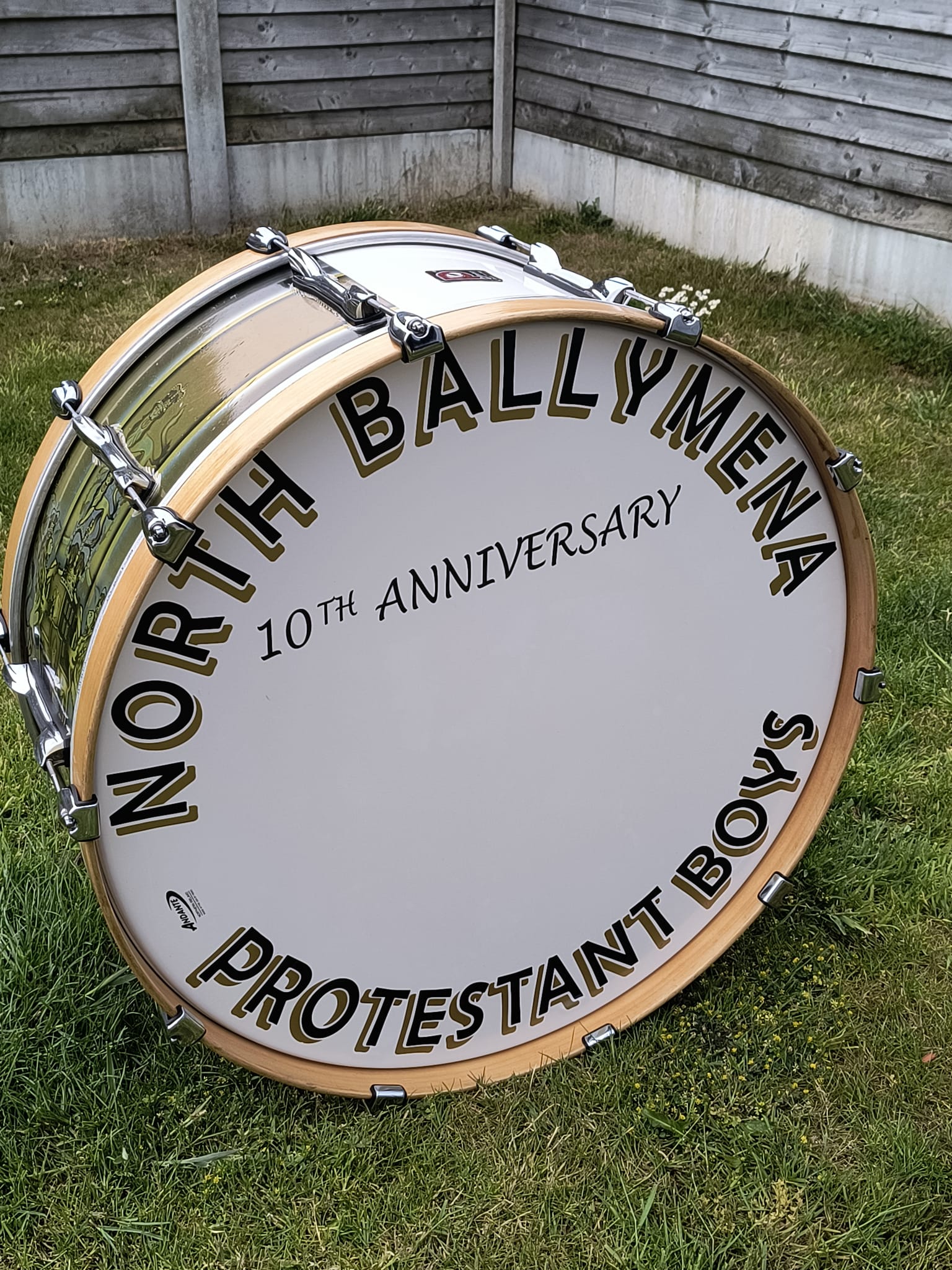 bass drum in garden close up side on