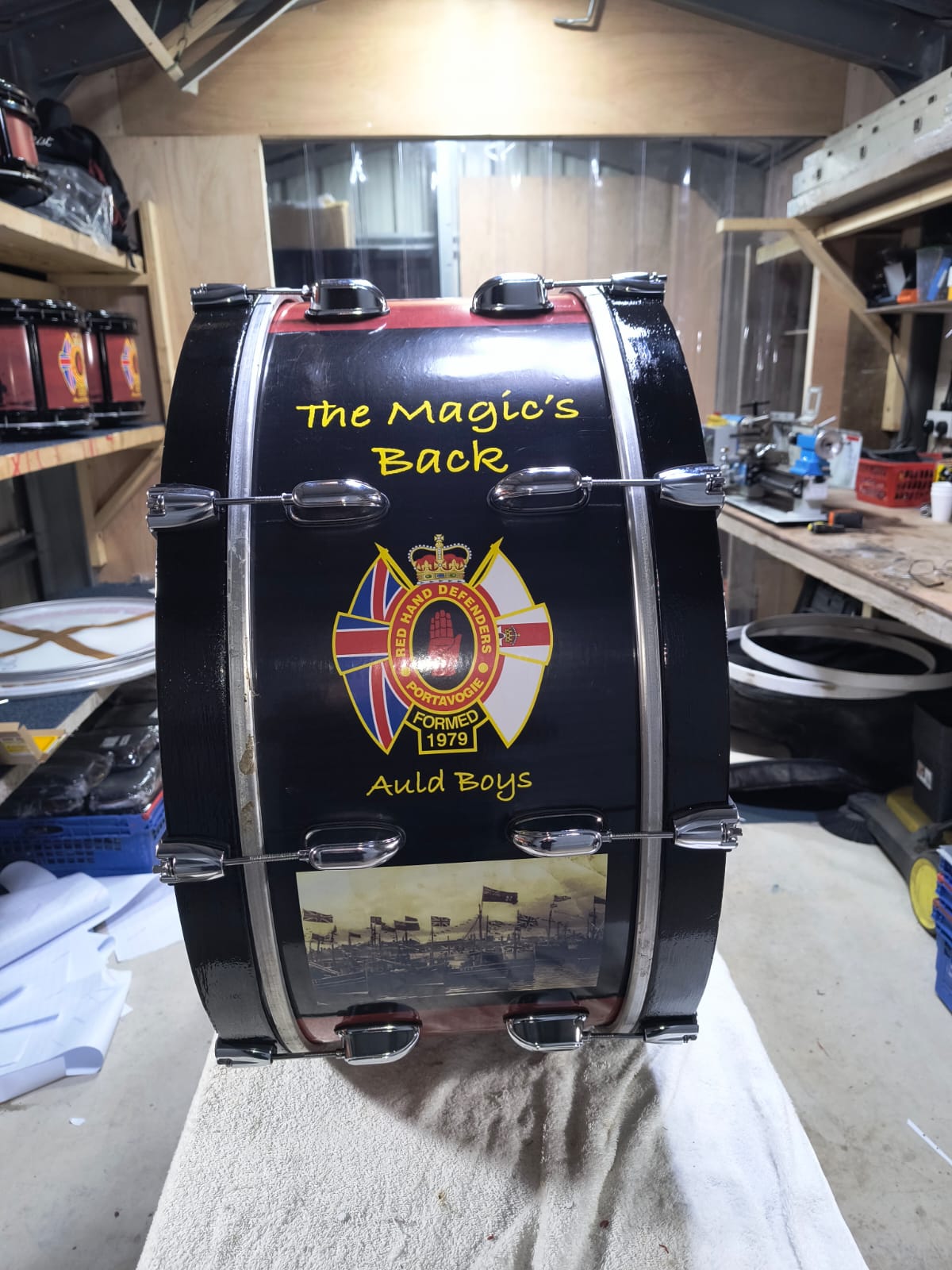 bass drum in workshop restored